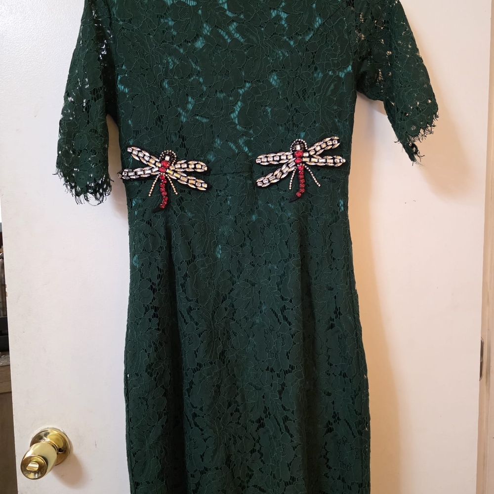 Green Sheath Midi Dress with Embellished 3/4 Sleeves